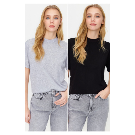 Trendyol Black-Grey Melange 2-Pack Basic High Neck Knitted T-Shirt