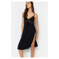 Trendyol Black Lace and Back Detailed Slit Rope Strap Knitted Nightdress