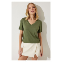 Happiness İstanbul Women's Khaki V-Neck Basic Viscose Knitted T-Shirt