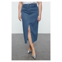 Trendyol Curve Blue Striped Slit Long Denim Plus Size Skirt