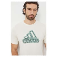 Bavlněné tričko adidas béžová barva, s potiskem, IS2873