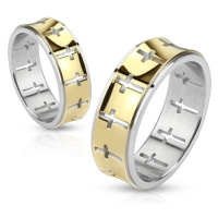 Ocelový prsten - zlatý pásek s vykrojenými kříži