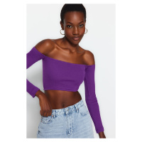 Trendyol Purple Fitted Super Crop Carmen Collar Ribbed Stretch Knitted Blouse