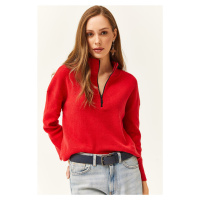 Olalook Dámský červený zip s vysokým výstřihem zvýšený svetr