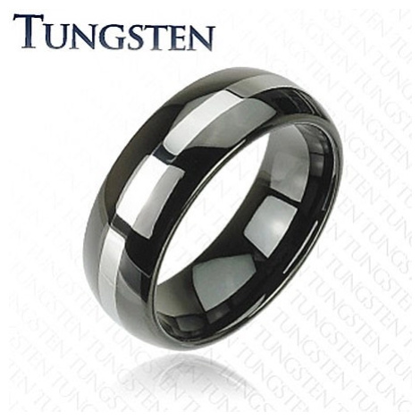 Černý prsten z wolframu, pás stříbrné barvy, zaoblený povrch, 8 mm Šperky eshop