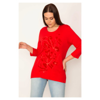 Şans Women's Plus Size Red Flocked Front Patterned Blouse