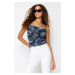 Trendyol Indigo Printed Adjustable Strap Cowl Neck Crop Flexible Tulle Knit Blouse