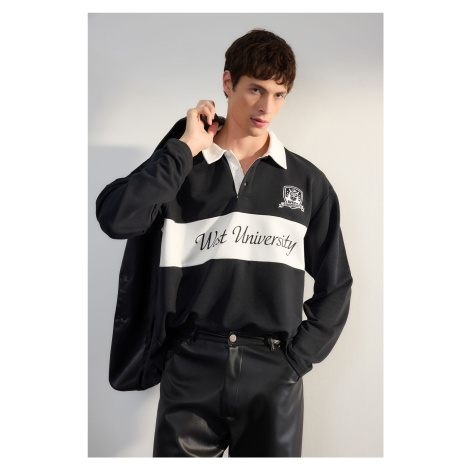 Trendyol Black Premium Oversize/Wide Cut Embroidery and Print Detailed Polo Neck Sweatshirt