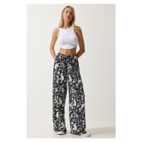 Happiness İstanbul Women's Black Patterned Flowy Viscose Palazzo Trousers