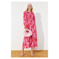 Trendyol Red Floral Printed Plus Size Gimped Woven Dress