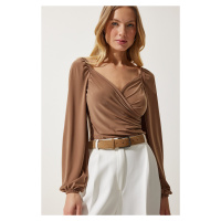 Happiness İstanbul Women's Dark Beige Elastic Balloon Sleeve Sandy Knitted Blouse