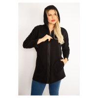 Şans Women's Plus Size Black Front Zippered Pocket And Hooded Coat