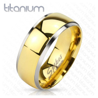 Prsten z titanu - lesklý pás ve zlatém odstínu a úzké okraje stříbrné barvy, 8 mm