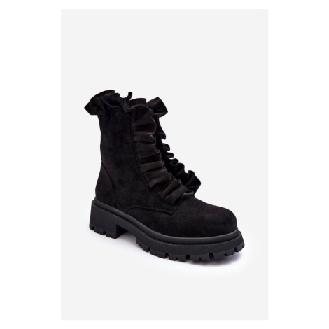 Semišové zateplené pracovní boty na plochém podpatku, černá gondola Kesi