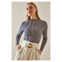 XHAN Blue Stitch Detail Half Turtleneck Blouse