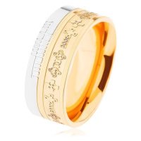 Dvoubarevný ocelový prsten - zlatý a stříbrný odstín, vzor - keltské kříže