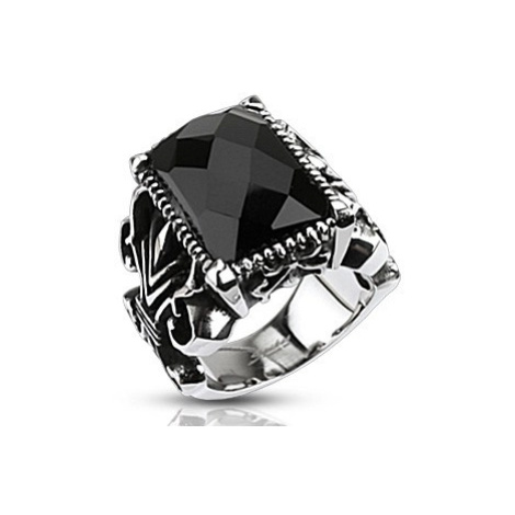 Mohutný ocelový prsten, černý broušený obdélník, vyřezávaná ramena Šperky eshop