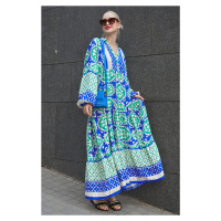 Madmext Blue V-Neck Long Sleeve Patterned Dress