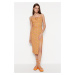 Trendyol Orange Printed Ruffle and Slit Detailed Fitted Midi Knitted Dress