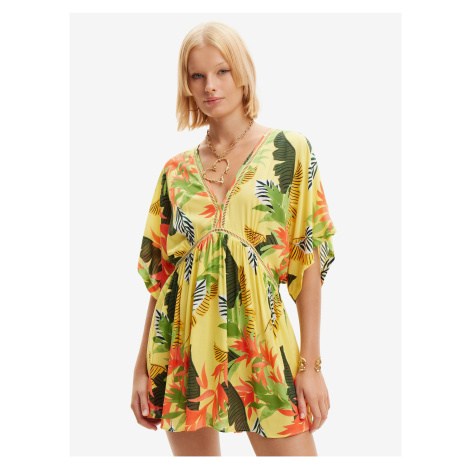 Žluté dámské květované plážové šaty Desigual Top Tropical Party