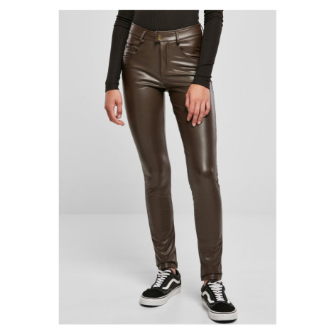 Ladies Mid Waist Synthetic Leather Pants - brown Urban Classics