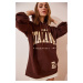 Happiness İstanbul Women's Brown Hooded Printed Oversized Knitted Sweatshirt