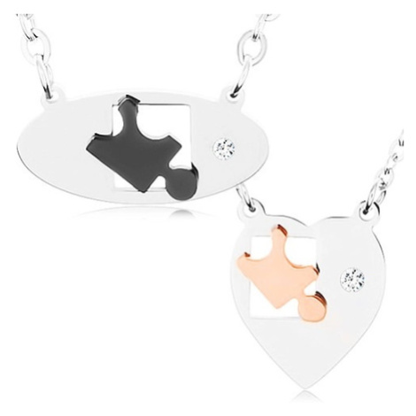 Náhrdelníky z chirurgické oceli pro dva, ovál a srdce, dílky puzzle, zirkon Šperky eshop