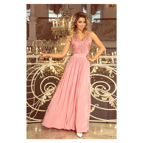 LEA dlouhé šaty bez rukávů s vyšívaným výstřihem - růžové - 215-3 NUMOCO