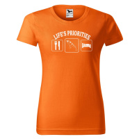DOBRÝ TRIKO Dámské tričko s potiskem Životní priority rybáře Barva: Oranžová