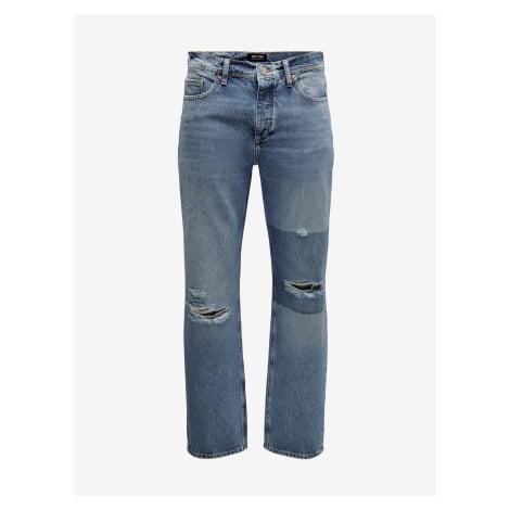 Modré straight fit džíny s potrhaným efektem ONLY & SONS