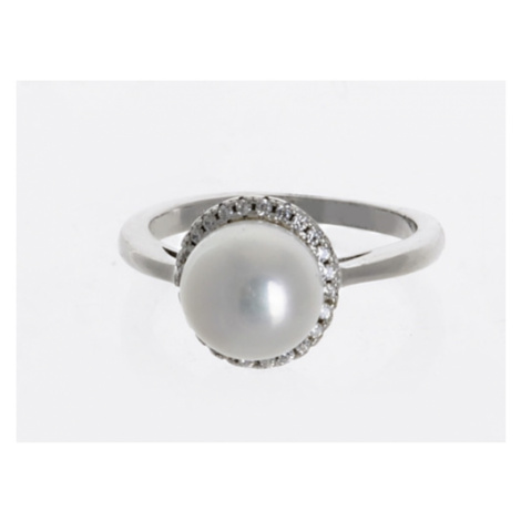 Stříbrný prsten s perlou a čirými zirkony 58531F Silver style