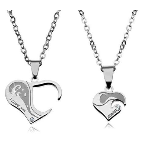 Dva ocelové náhrdelníky pro zamilované, srdíčkovité přívěsky s nápisy a zirkony Šperky eshop