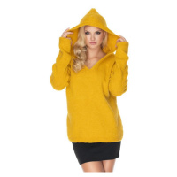 Dámský měkký svetr s kapucí v žluté barvě s výstřihem
