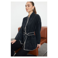 Trendyol Black Embroidered Belted Oversize Denim Jacket