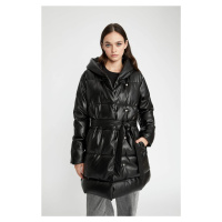 DEFACTO Waterproof Regular Fit Hooded Faux Leather Long Puffer Jacket