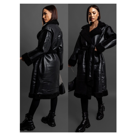 Černý koženkový kabát MONTANA s černým kožíškem