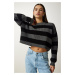 Happiness İstanbul Women's Gray Black Striped Crop Knitwear Sweater