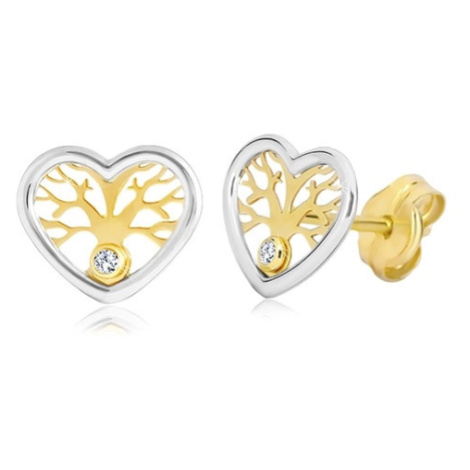 Náušnice ze zlata 585 - dvoubarevné srdce se stromem života a zirkonem Šperky eshop