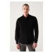 Avva Men's Black Velvet Buttoned Collar Cotton Slim Fit Slim Fit Shirt