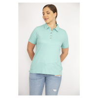 Şans Women's Green Plus Size Polo Collar Front Pat Buttoned Camisole Fabric Short Sleeve Blouse