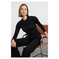 Trendyol Black Gathered/Draped Detailed Fitted/Body-Smoothing Long Sleeve Flexible Knitted Blous