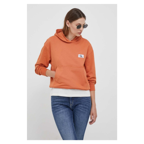 Bavlněná mikina Calvin Klein Jeans dámská, oranžová barva, s kapucí, s aplikací