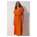 Happiness İstanbul Dámské oranžové volánové pletené šaty s texturou