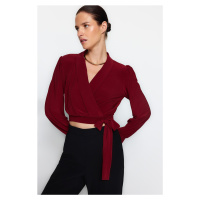 Trendyol Claret Red Double Breasted Crop Stretch Knitted Blouse