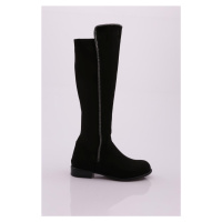 DGN 508 Women's Back Stretch Stripe Knee High Flats Boots with Side Stones