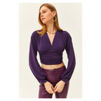 Olalook Women's Purple Deep Low-cut Waist Banded Crop Blouse