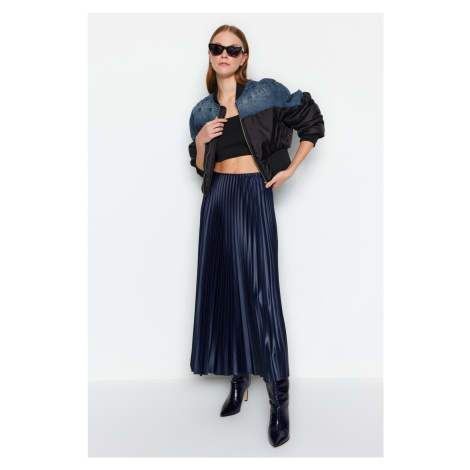 Trendyol Navy Blue Pleated Maxi Knitted Skirt