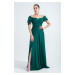 Lafaba Women's Emerald Green Open Shoulder Slit Detailed Tulle Evening Dress