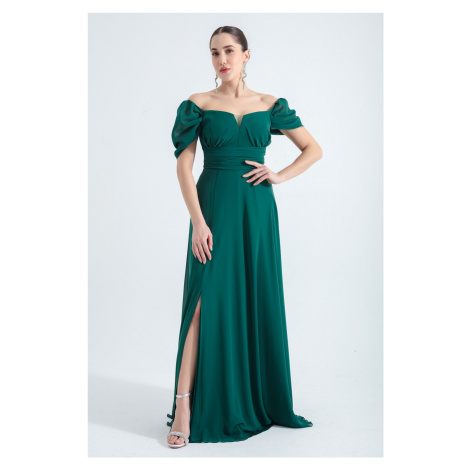Lafaba Women's Emerald Green Open Shoulder Slit Detailed Tulle Evening Dress