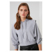 Trendyol Gray Shoulder Detailed Crop Hooded Knitted Sweatshirt